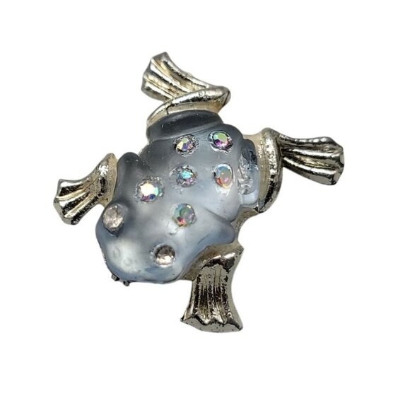 Jelly Belly Frog Pin Blue Translucent Aurora Borealis Rhinestone Silver Tone - Picture 2 of 7